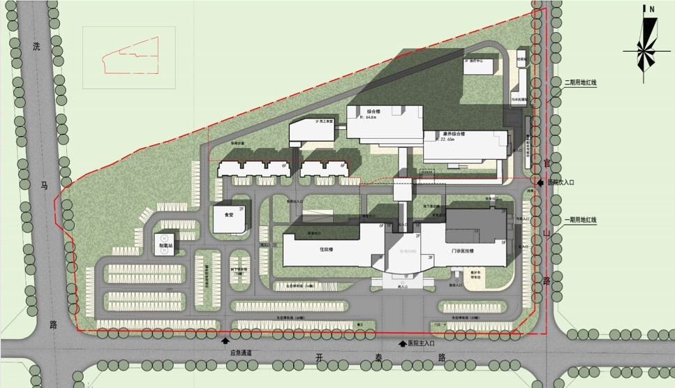 包含醫(yī)院一、二、三期的總平面布局圖